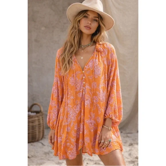 XiRENA Bright Orange Pink Floral Long Sleeved Mini Dress - Picture 2 of 8